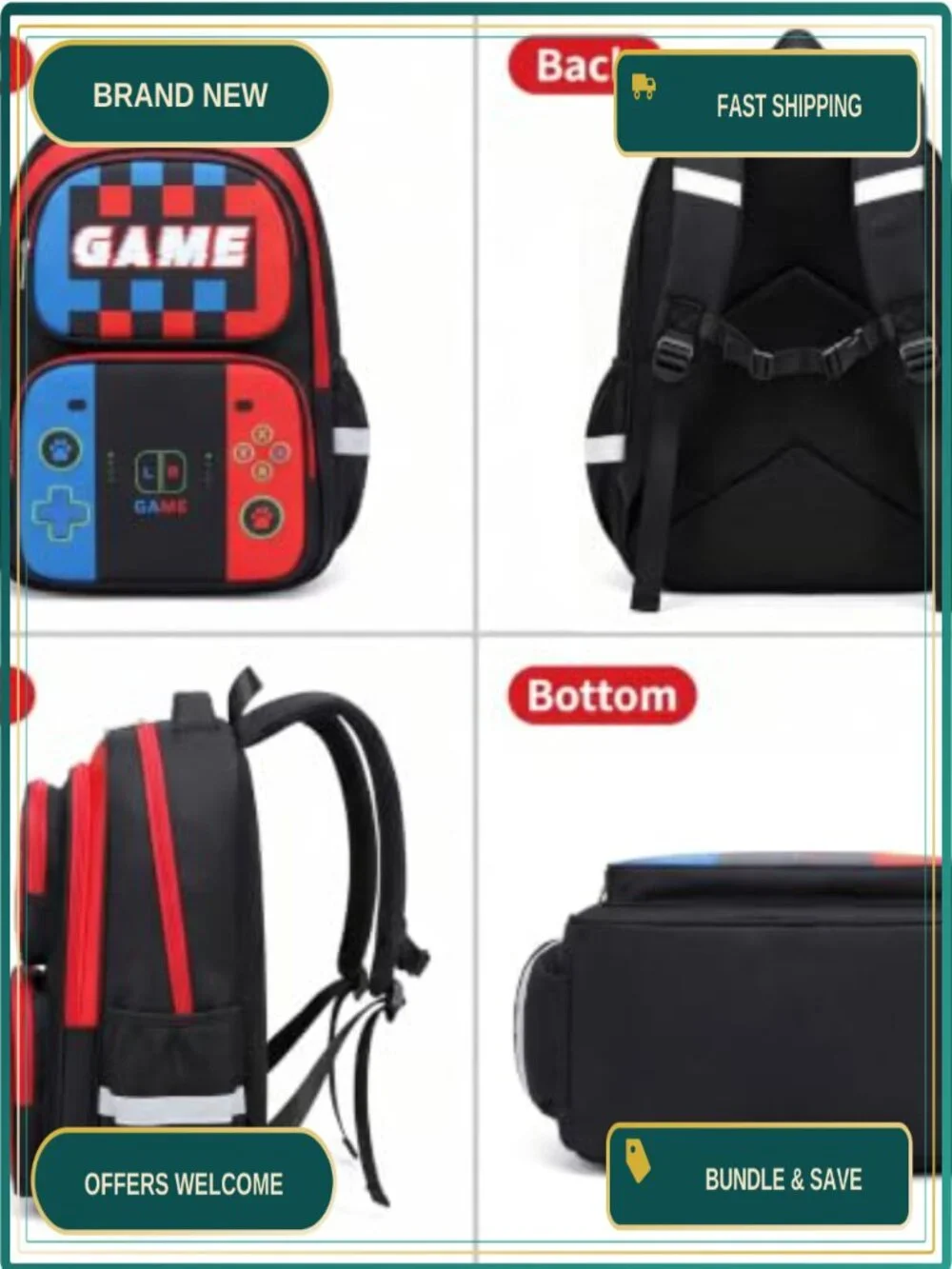 35L Gaming Backpack Set for Boys with Lunch Box Pencil Case, School Bookbag
